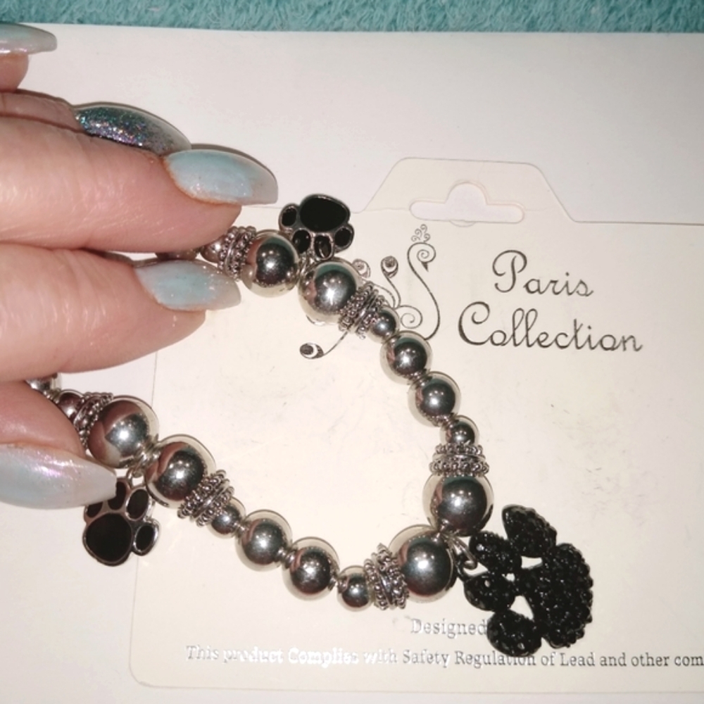 Paw Print Charm Bracelet  Silver And Black (Copied Listing)